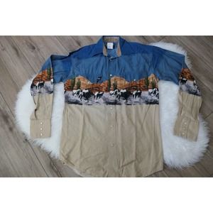 Vintage Wrangler Western Shirt Horses Pearl Snap Button Up Cowboy Men's Small